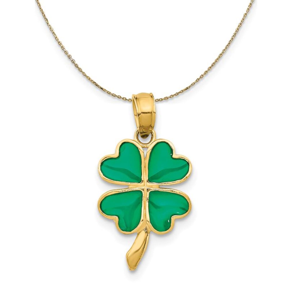 14k Yellow Gold Clear Acrylic 4 Leaf Clover, 10mm Necklace - 18 Inch